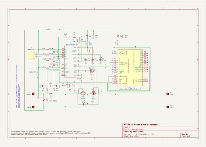 BQ76920 power bank schematic designed in KiCad